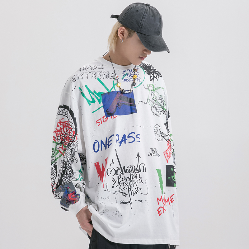 Men Streetwear Hip Hop Graffiti T Shirt Long Sleeve Harajuku Tshirt Oversized Autumn Loose T-shirt Cotton Causal Tops Tees 201203