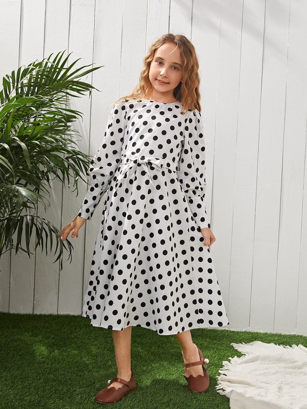 Girls 1Pc Polka Dot Belted Lantern Sleeve Dress SHE