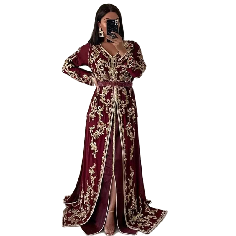 Luxury Moroccan Kaftan Elkadi Algerian Evening Dresses Split Front Crystals Beaded Appliques Muslim Formal Event Gowns Arabic Abaya Prom Party Dress r