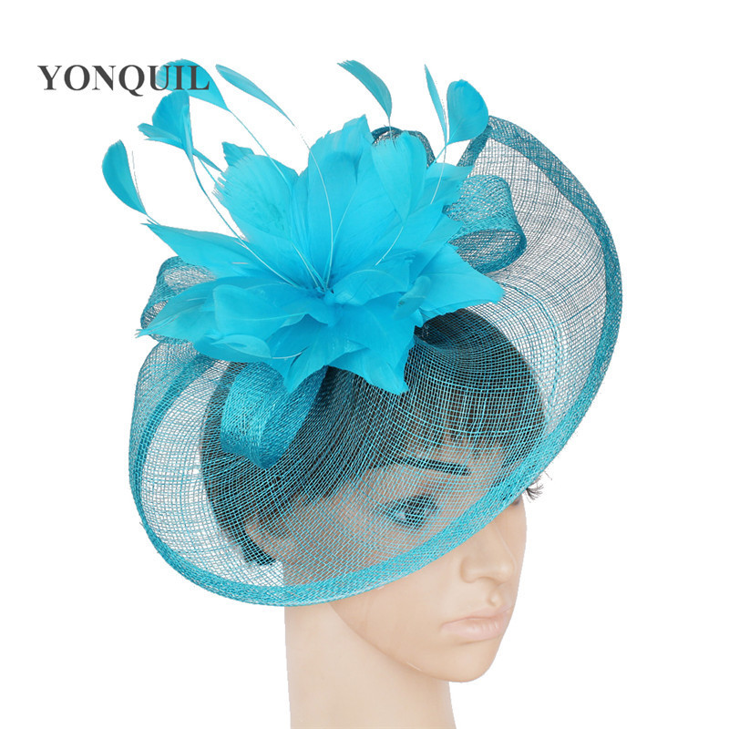 High quality 18 colors select cocktail hats sinamay base with feather flower fascinator hair accessories occasion wedding hats T200508