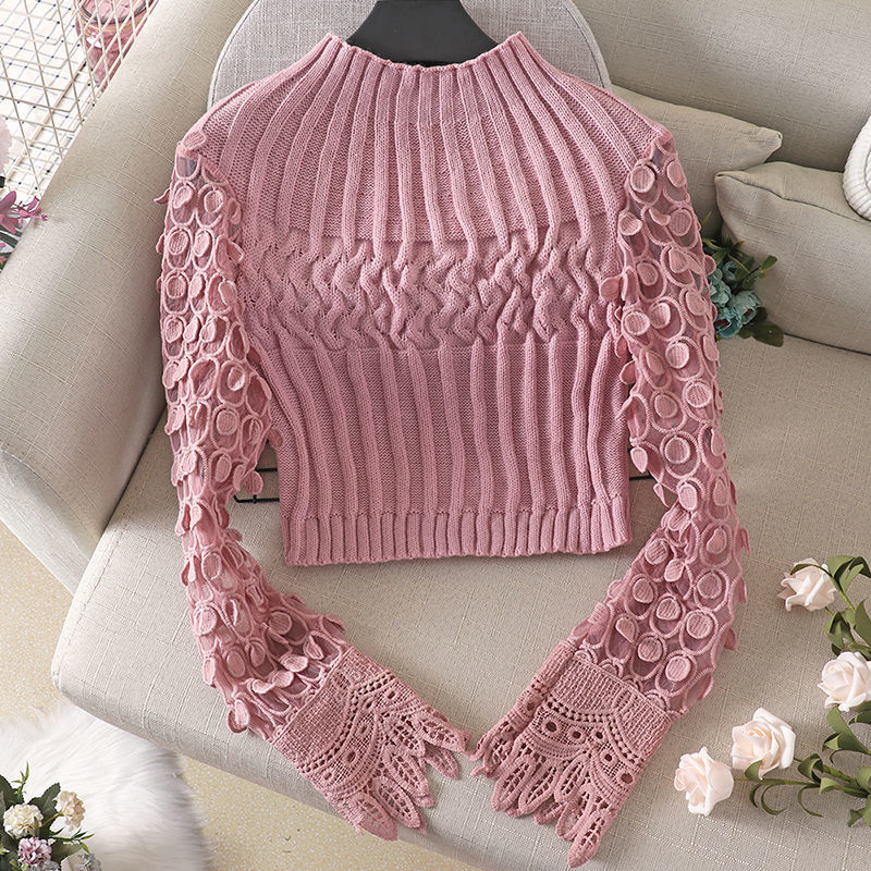 Three-dimensional Circle Bubble Sleeve Tight Skinny Short Sweater Sweater Stitching Round Neck Sweater Women 201203