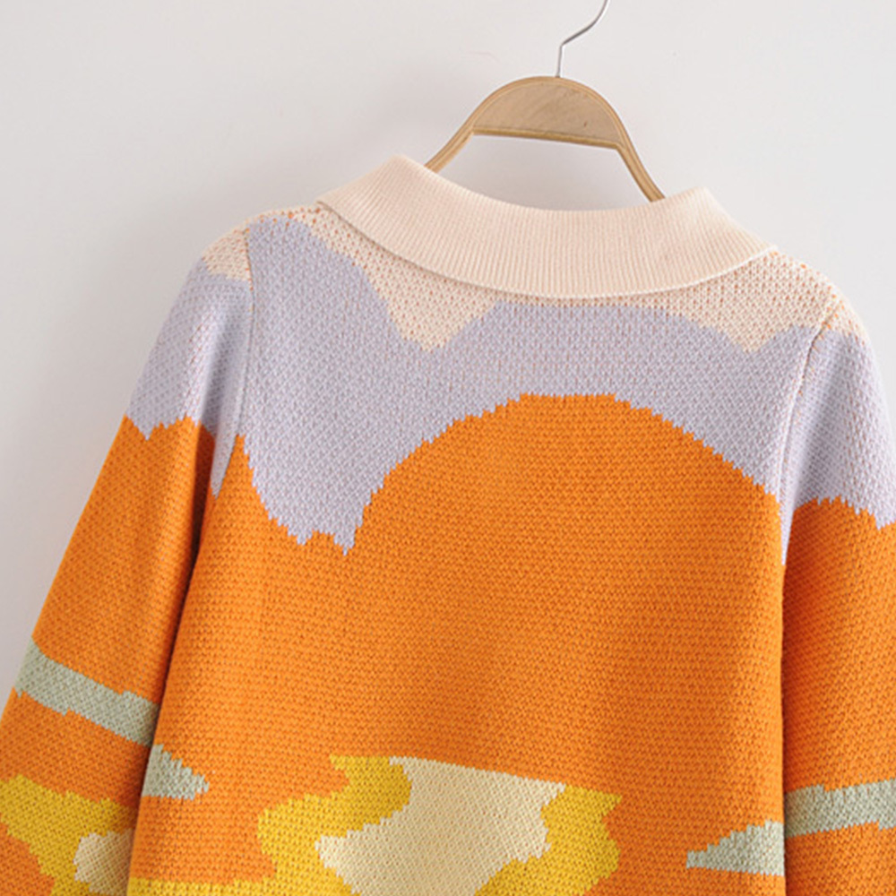 New Women's Sweater Colourful Patchwork Button Turn-Down Collar Long Sleeve Sweater Fashion Casual Female Tops 201029