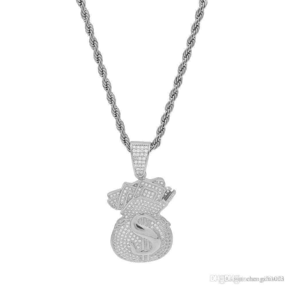 New Arrivel Iced Out Cubic Zircon Money Bag Pendant Necklace Hip Hop Gold Sier Color Men Charm Chain Jewelry Free shipping Free shipping