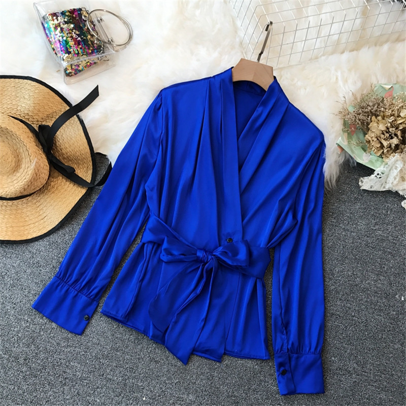 Neploe Autumn Solid Vneck Women Shirts Long Sleeve Bow Lace Up Blouse Sashes Slim Elegant Fashion New Blusa Feminina 68339 T200322