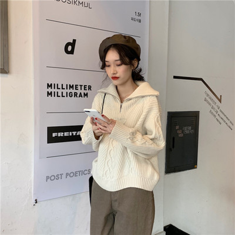 YAMDI chic Stand Collar Zipper Up Women Sweaters new Autumn Winter Loose Twist Striped Long Sleeve Female Knitted Pullovers 201030wtt