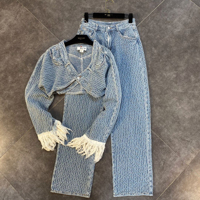 DEAT Autumn New Arrivals Long Tassel Sleeve Single Button Denim Short Jackethigh Waist Full Jeans Two Piece Set Women MK359 201119