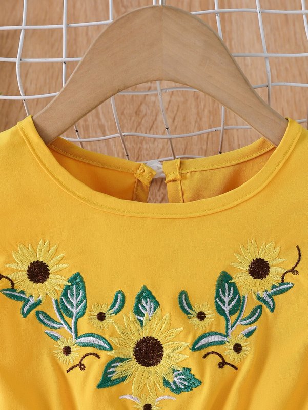 Toddler Girls Floral Embroidery Butterfly Sleeve Mesh Hem Dress SHE