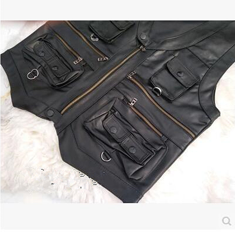gentlement leather vest male slim commercial male leather vest sheepskin leather men vest waistcoat with many pockets 201120