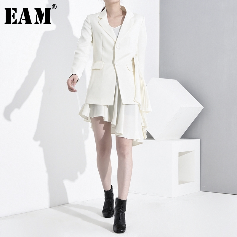 EAM Loose Fit Asymmetrical Two Pieces Pleated Jacket Lapel Long Sleeve Women Coat Fashion Spring Autumn 1A5020 201017