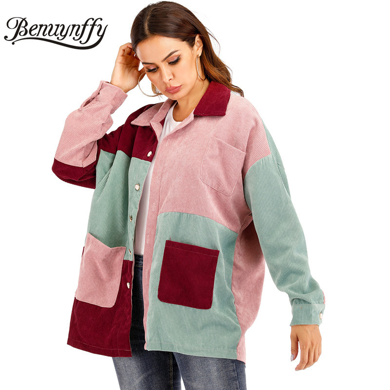 Benuynffy Mixed Pocket Front Color Block Women Corduroy Jacket Autumn Casual Lapel Single Breasted Coat Outerwear Tops Female 201017