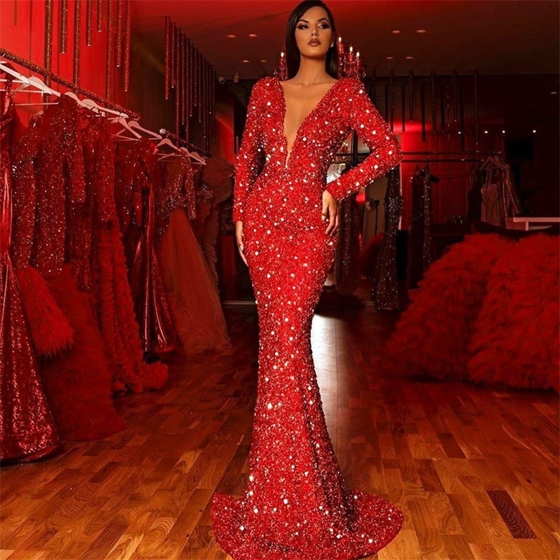 

Women Solid Sparkling Deep V Sequins Dress Deep V-neck Long Sleeve Party Fishtail Dress Vestidos Cocktail Nightclub#50 Y200824, Red
