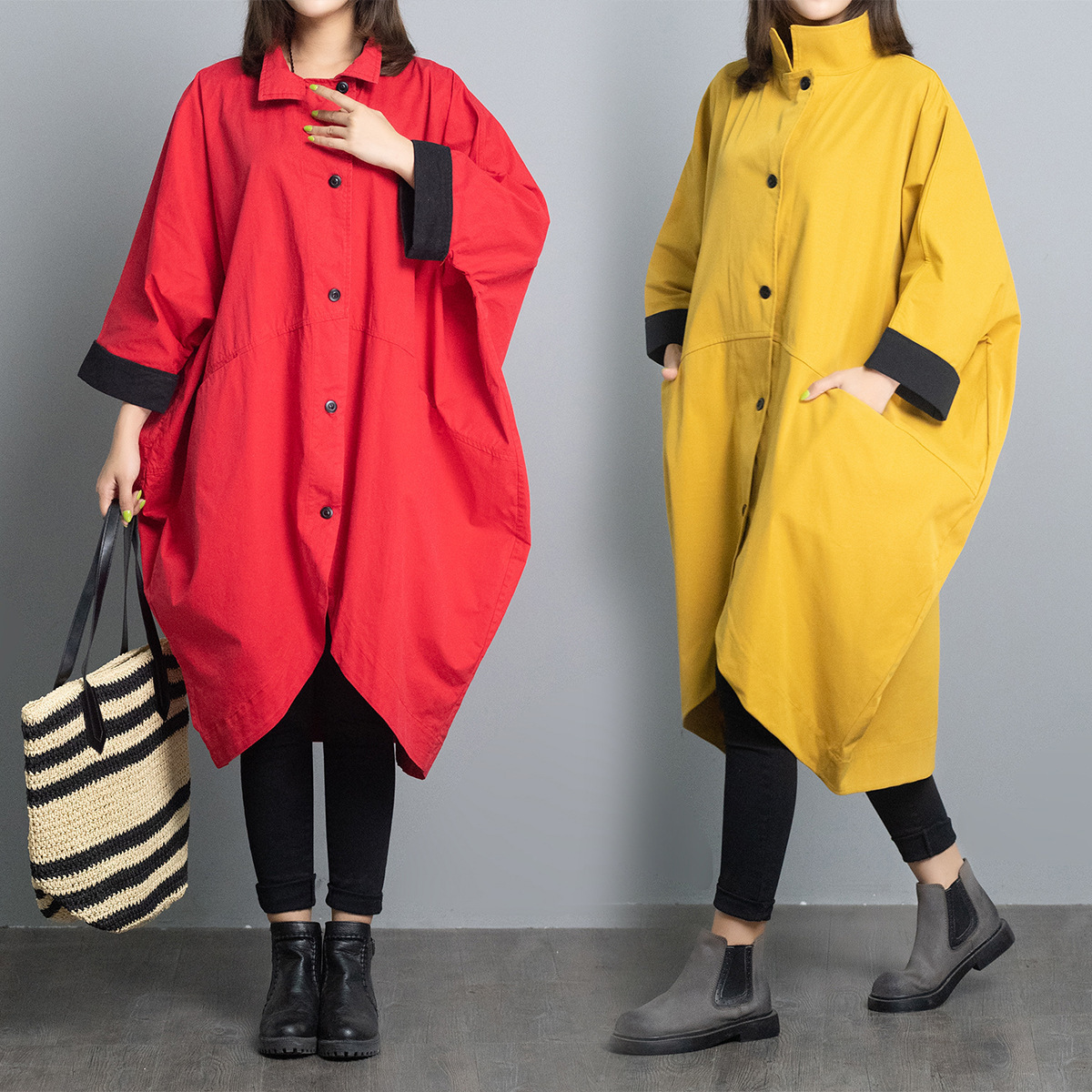 EWQ new spring stand collar batwing sleeves single breasted contrast colors big size jacket female windbreaker WK51207XL 201102