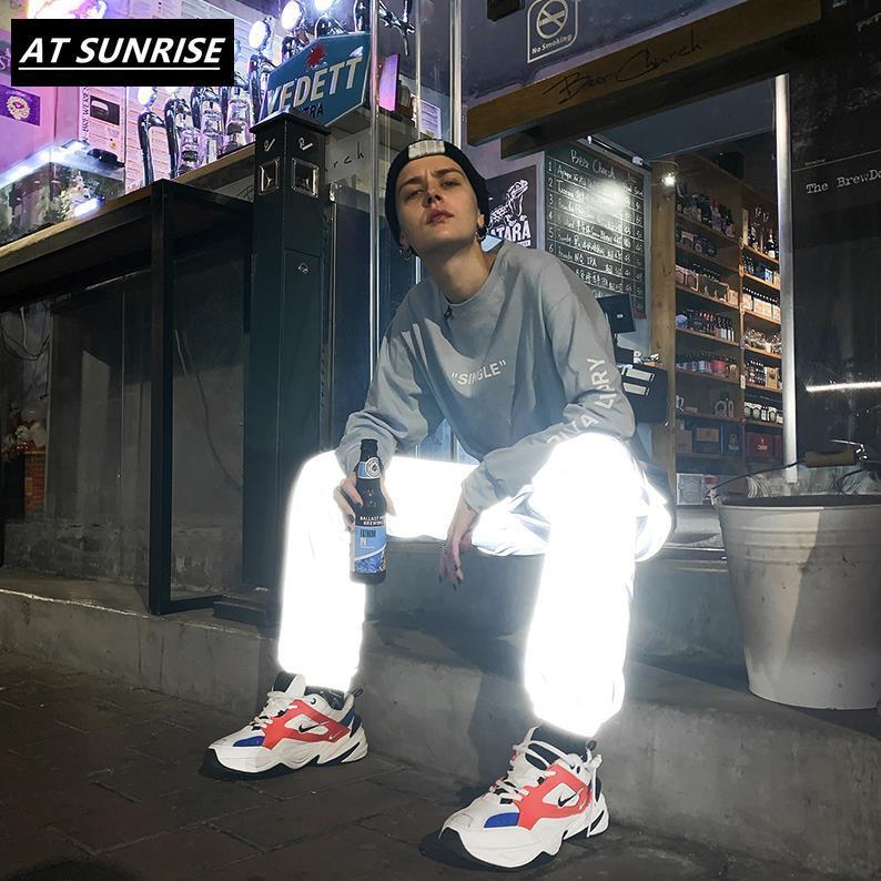 reflective jogger pants menwomen casual gray solid streetwear hip hop trousers fashion Nightclub bar clothes pencil 201110Z