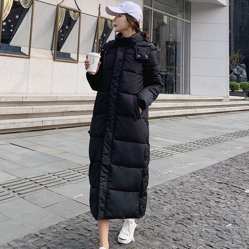 fashion x-long stand collar hooded winter down jacket women solid full sleeve button slit zipper ladies down coat parka female 201019