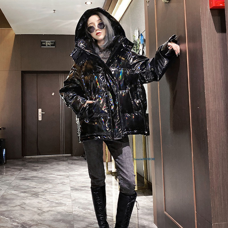 VOOCIEC New Fashion Hooded Glossy Winter Down Cotton Padded Jacket For Women Thick Bright Black Shiny Jacket black Parkas 201019