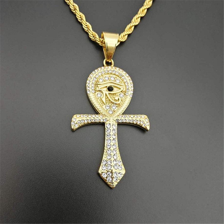 Egyptian Ankh Cross Pendant Necklace For Women/Men Gold Color Stainless Steel Eye of Horus Necklace Iced Out Bling Egypt Jewelry 201014