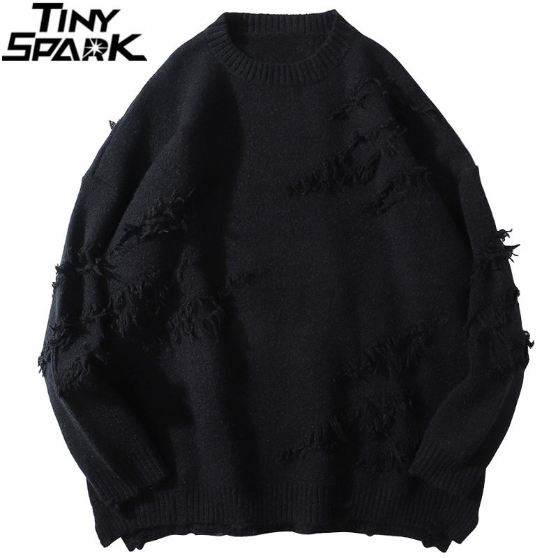 Hip Hop Streetwear Knitted Sweater Men Vintage Retro Plain Ripped Sweater Pullover Cotton Harajuku Casual Loose Sweater 201203
