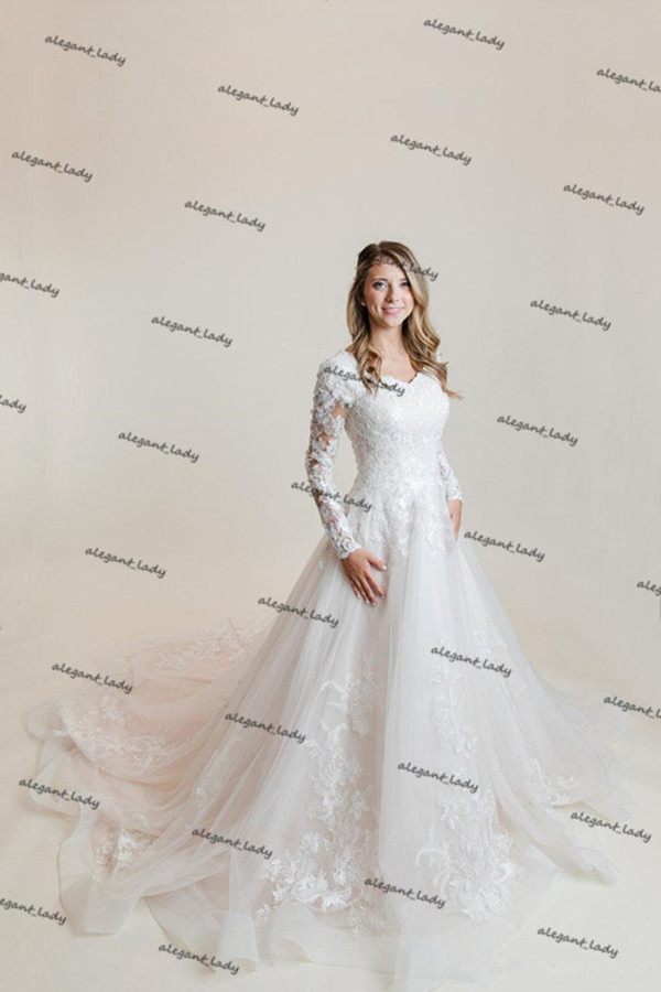 Lace Tulle Modest Wedding Dresses With Long Sleeves Sweetheart Neckline Buttons Back Country Western Bridal Gowns vestido de fiesta