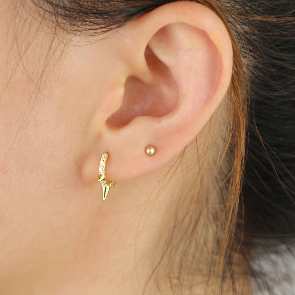 Gold plated 925 sterling silver mini hoop with three spikes paved black cz minimal small hoop earring for women
