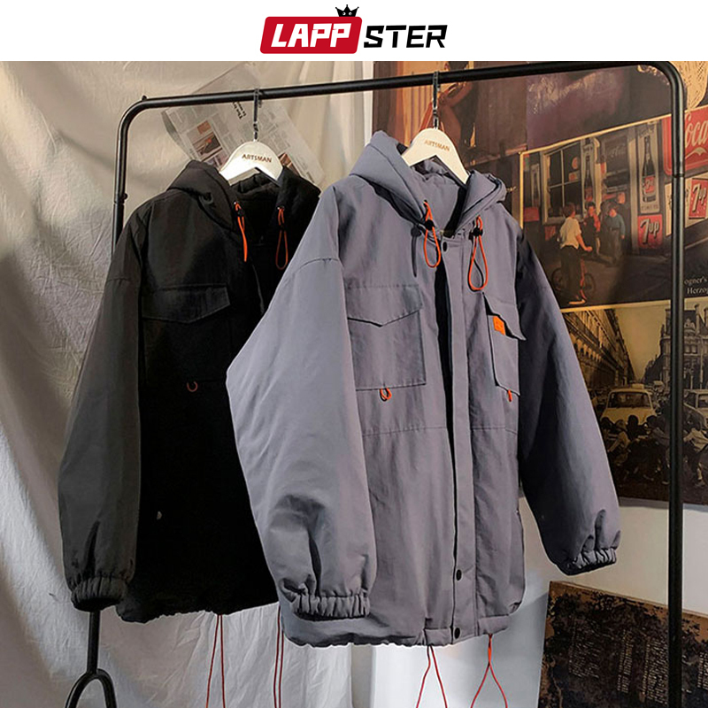 LAPPSTER Men Black Streetwear Winter Jackets Coats Mens Korean Hooded Puffer Jacket Coat Male Harajuku Pocket Hip Hop Parka 201127