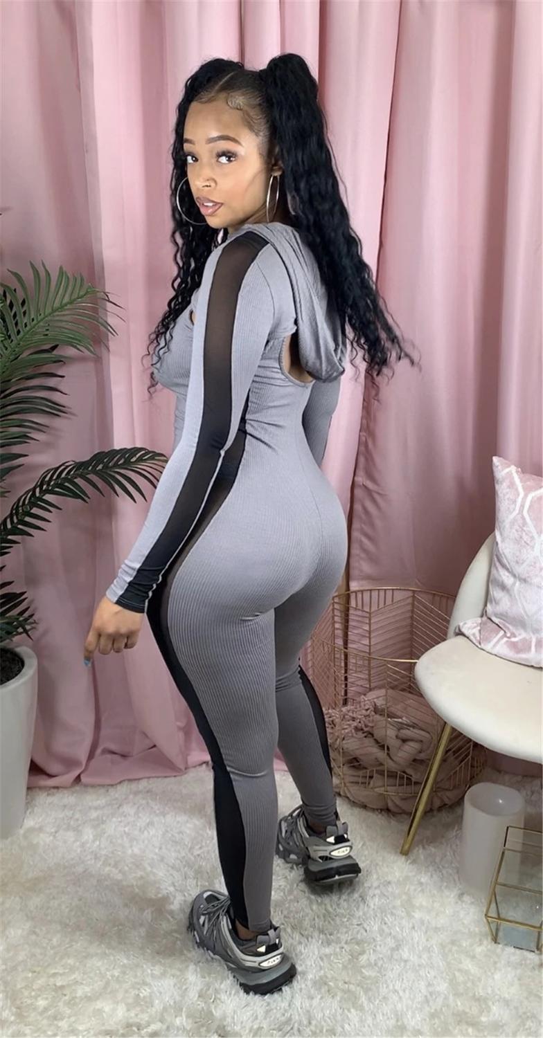 Tsuretobe Sexy 2 Piece Set Women Bandage Rompers Hooded Crop Top With Zipper Patchwork Jumpsuits Ribbed Fall Clothes For Women 201007