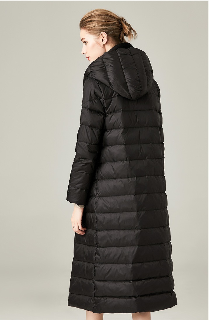 Obrix Female Duck Down Filler Warm Jacket Hooded Knee Length Cashmere Full Sleeve Coat Belt Winter Parka For Women 201017