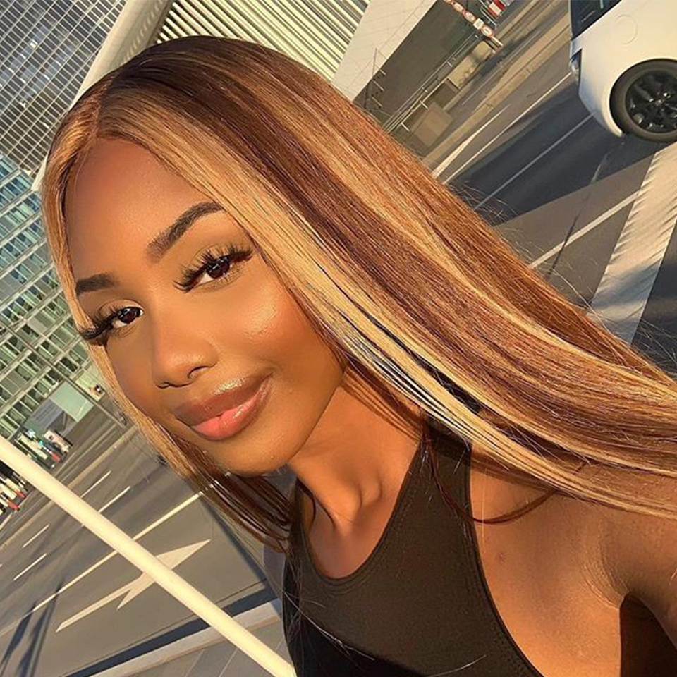 HD Transparent Lace Frontal Human Hair Wig Ombre Highlight Brown Blonde Brazilian Straight Hair Wigs