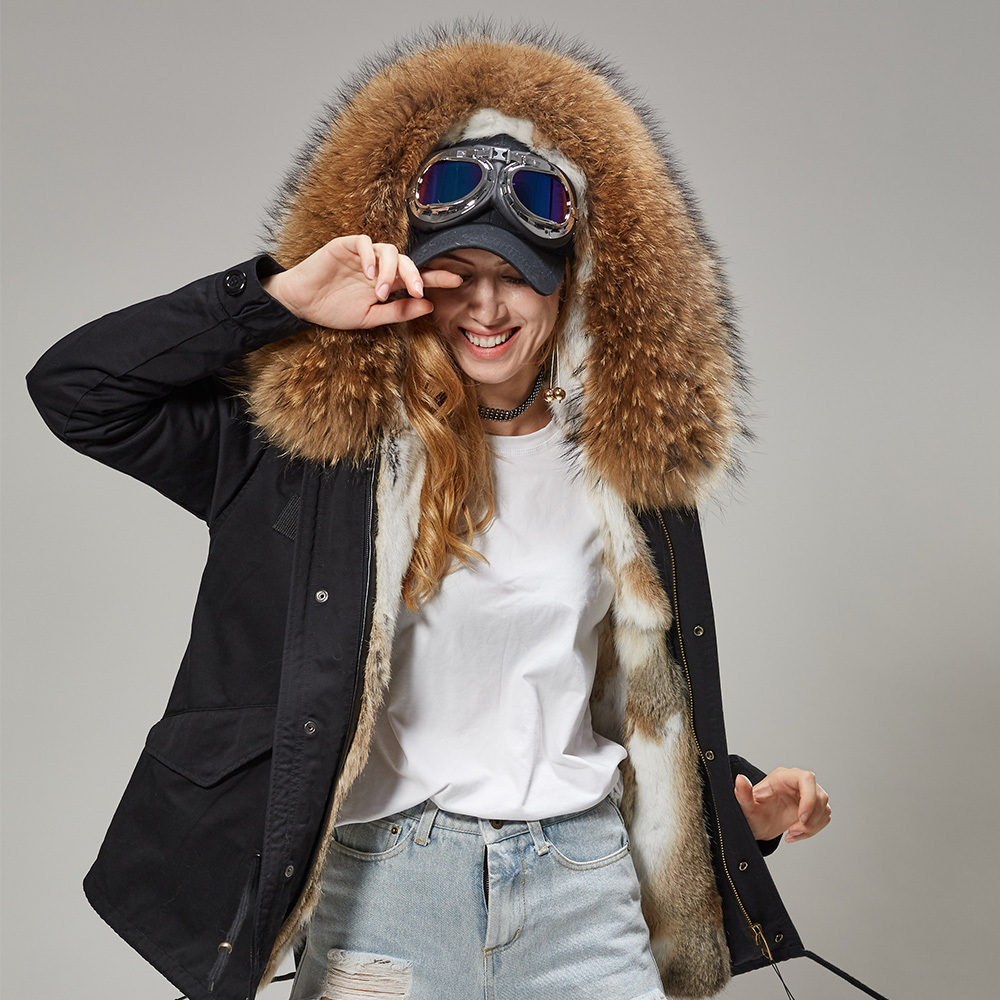 maomaokong Black fox fur Collar winter coat women jacket Natural Fur Bunny Lined Jacket Coats 201027
