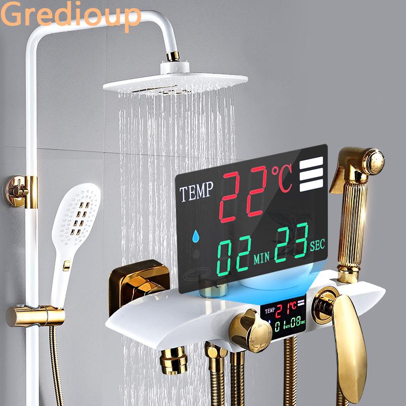 White Shower System Bathroom Thermostatic Digital Shower Set Wall Mount SPA Rain Fall Bath Faucet Bathtub Modern Smart Grifos
White Shower System Bathroom Thermostatic Digital Shower Set Wall Mount SPA Rain Fall Bath Faucet Bathtub Modern Smart Grifos