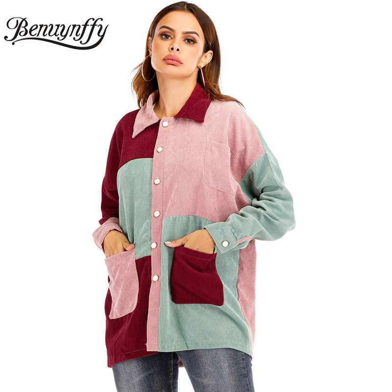 Benuynffy Mixed Pocket Front Color Block Women Corduroy Jacket Autumn Casual Lapel Single Breasted Coat Outerwear Tops Female 201017
