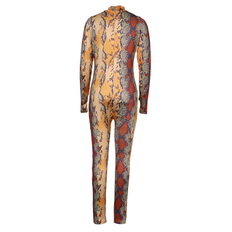Snake Skin Print Sexy Plus Size Jumpsuit Women Mock Neck Long Sleeve Bodycon Bodysuit Vintage High Waist Night Club Party Romper T200509