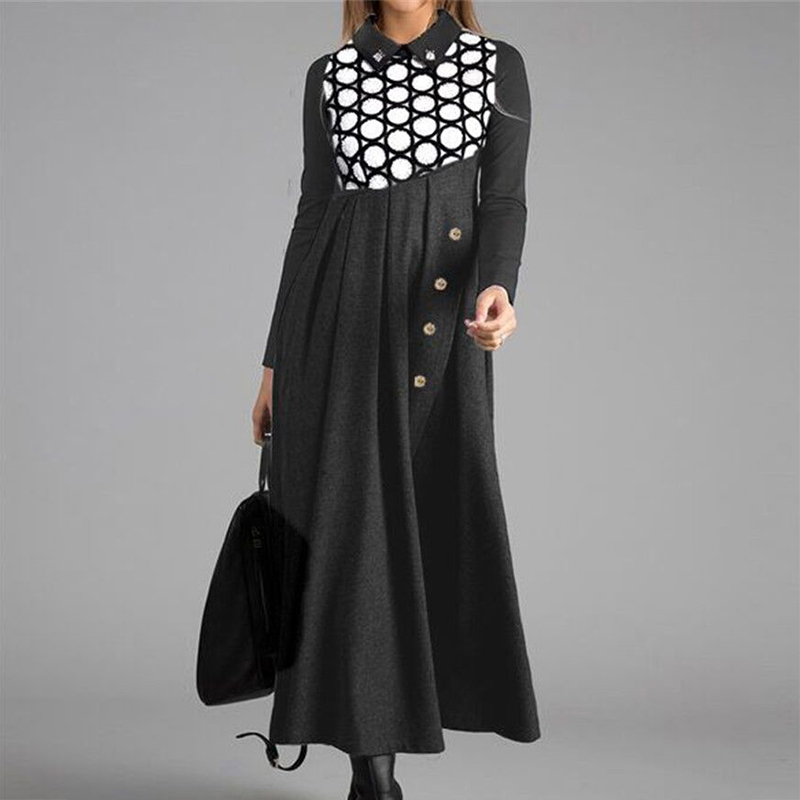 Vintage Maxi Dresses Sexy Double-layer Polka Dot Print Long Dress Women Autumn Buttoned Patchwork Party Dress Winter Long Sleeve 201125