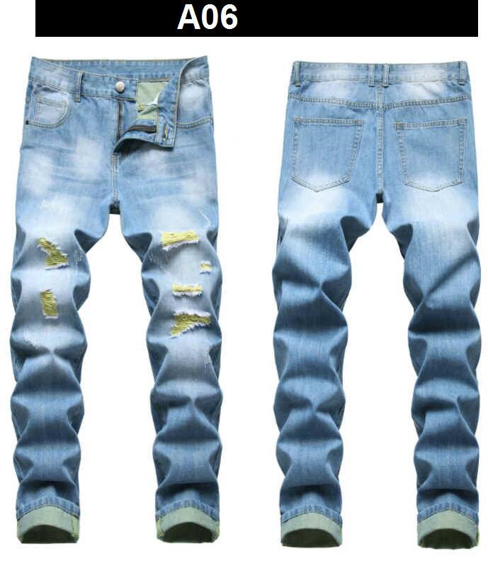 Men's Ripped Denim Jeans Straight Slim Fit Hip-Hop Patch Trousers - Multiple Colors, Non-Stretch, Style B2