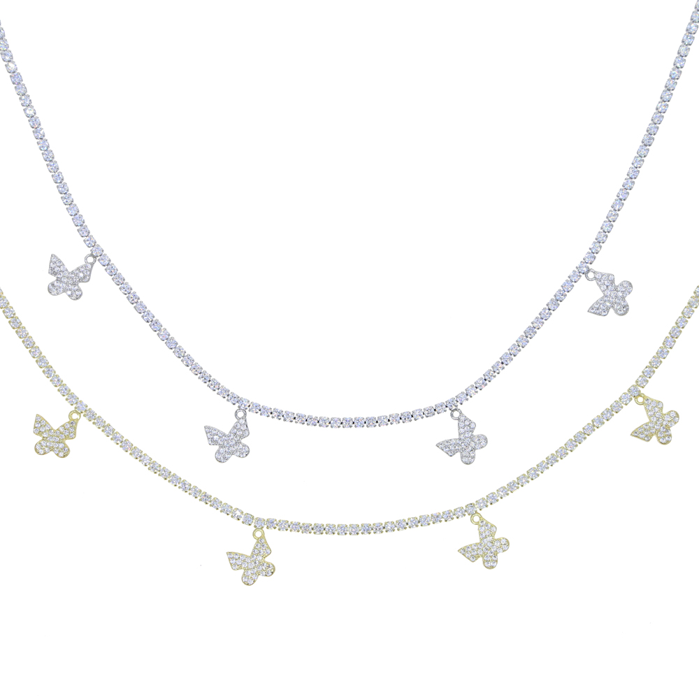 High Quality 2mm Thin CZ Tennis Chain Micro Pave 5A Cubic Zirconia Butterfly Charm Pendant Lovely Animal Women Necklace Jewelry