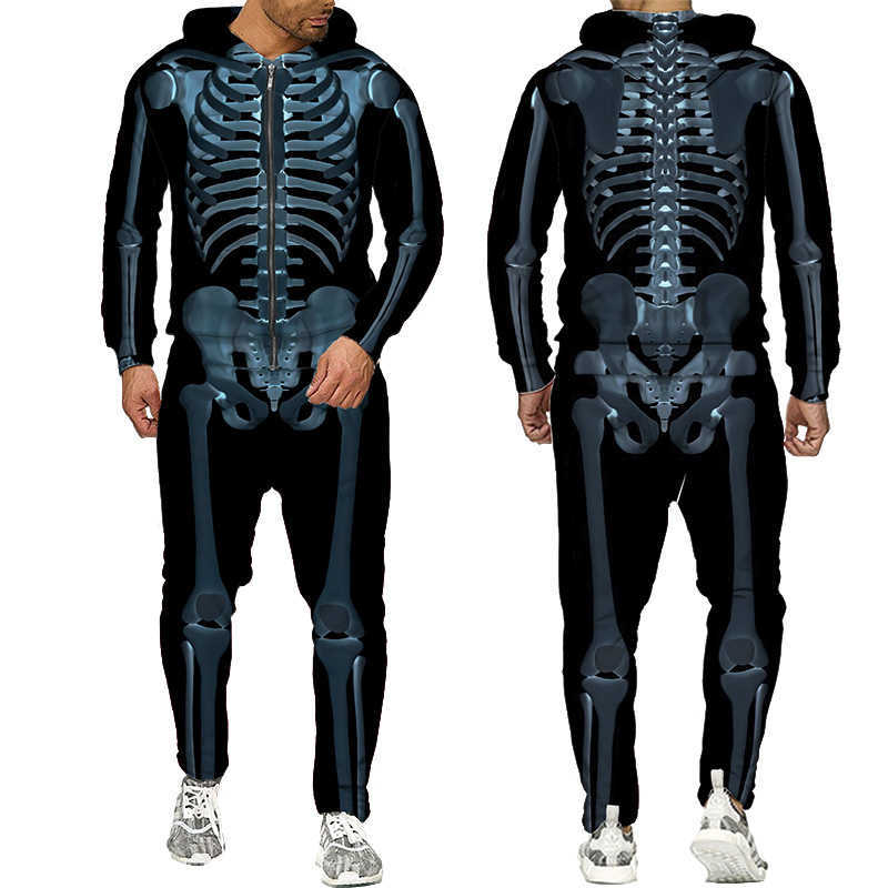 Halloween Costumes Skeleton Hip Hop Hooded Sweatshirt Suit Men/Women 3D Print Jacket Streetwear Pullovers 2pc Sets 211220