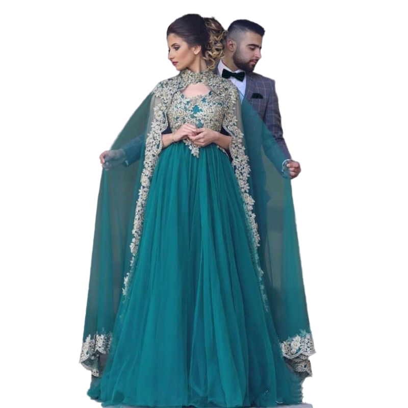 Elegant Long Arabic Dubai Evening Formal Dresses With Wrap Shawl Gold Lace Appliques 2022 A Line Hunter Muslim Prom Dress Party Gowns High Neck Specia