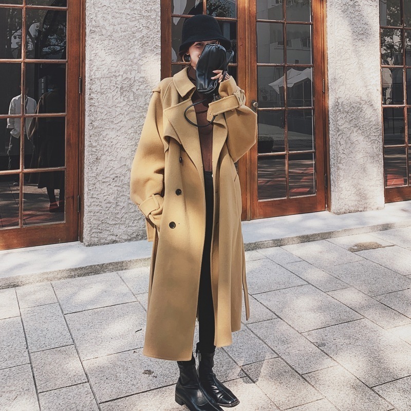 Khaki Wool Long Coats For Women Winter Solid Cashmere Coat Warm Woollen Cloak Overcoat Korean Outerwear Sashes Surcoat Y201006