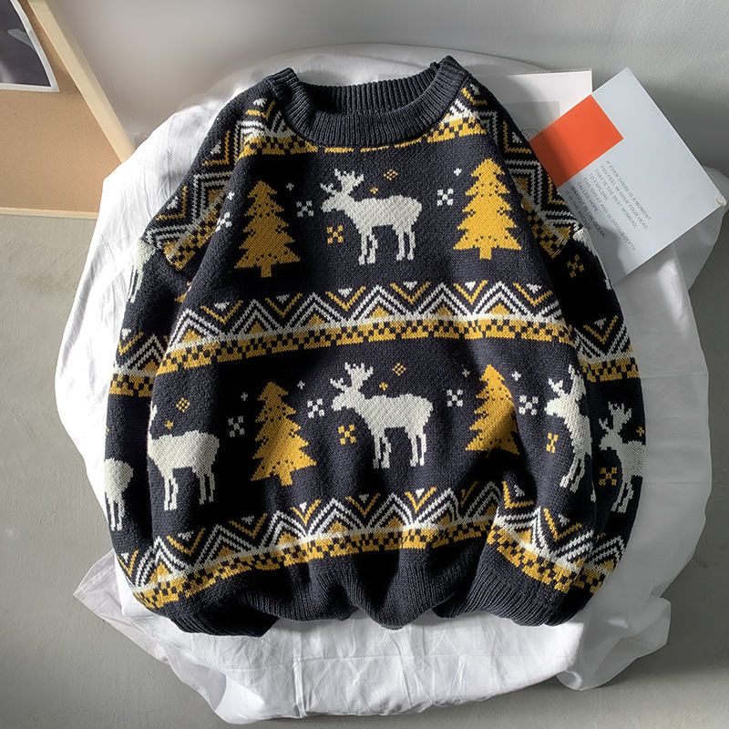 Japanese retro Harajuku Christmas elk round neck pullover couple men's and women's padded sweater 201214
