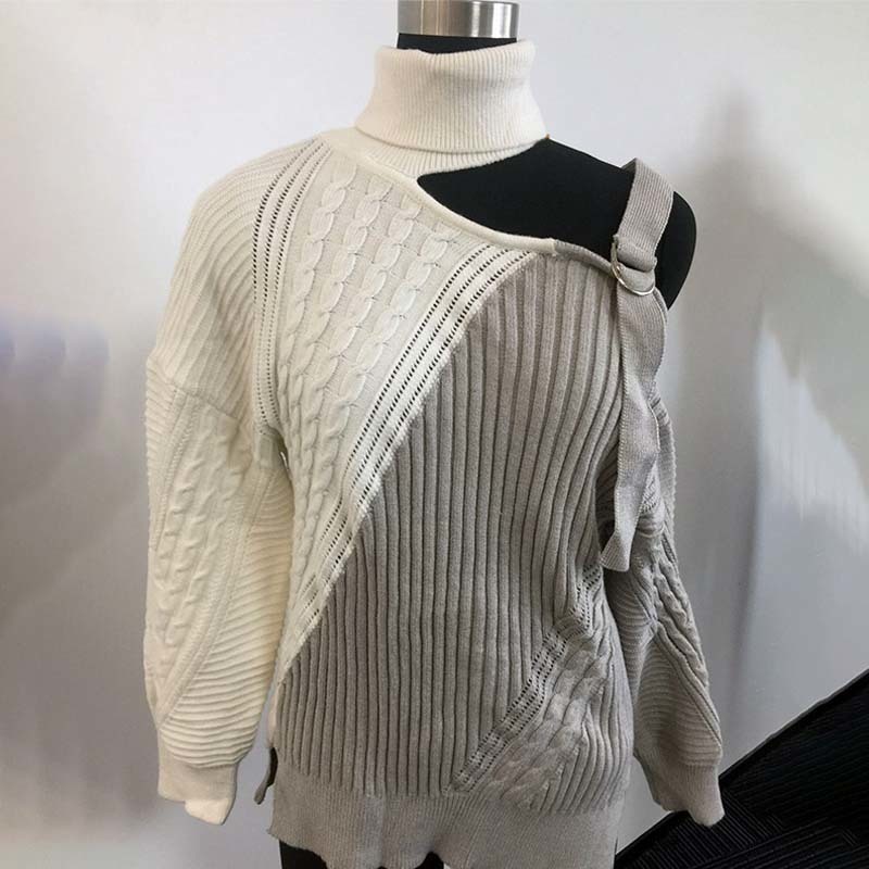 Women's Off Shoulder Turtleneck Sweater Pullovers Hollow Out Knitted Twisted Sweaters Woman 2020 Autumn Winter Pullover Ladies T200101