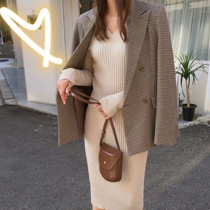 High Quality Double Breasted Thicken Plaid Blazer Female Long Sleeve Loose Office Ladies Suit Coat Jacket Women blazers T200319