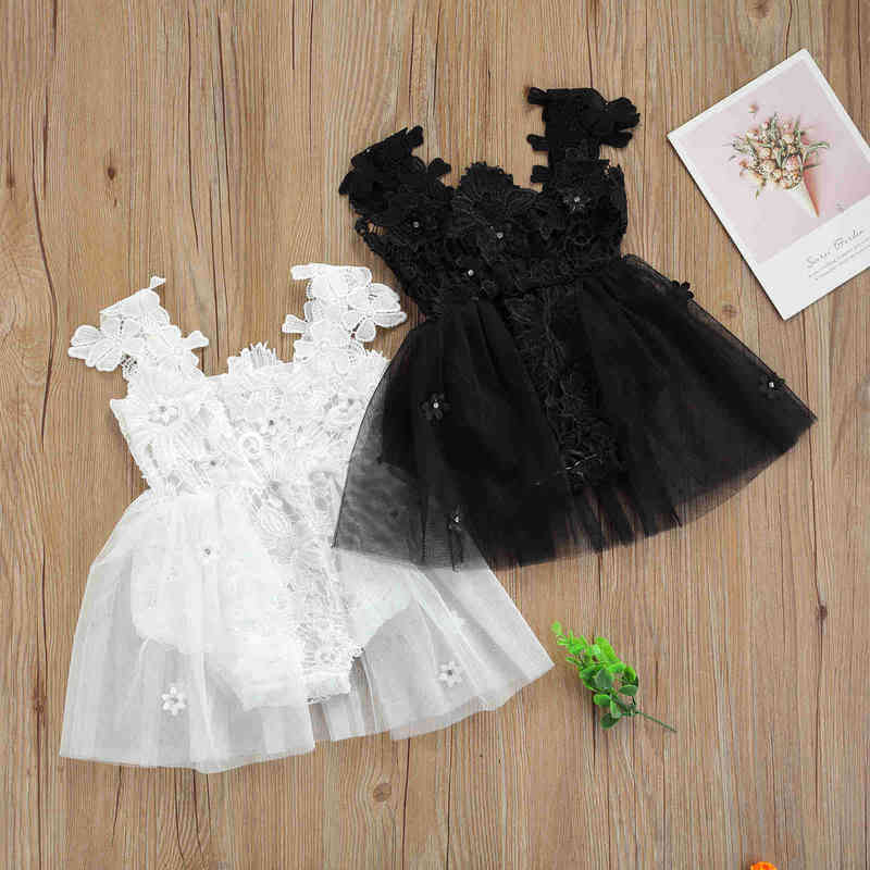 Baby Clothes Summer Dress Jumpsuit Solid Color Lace Crochet Square Neck Sleeveless Romper Skirt For Toddler Girls 0-24 Months G1221