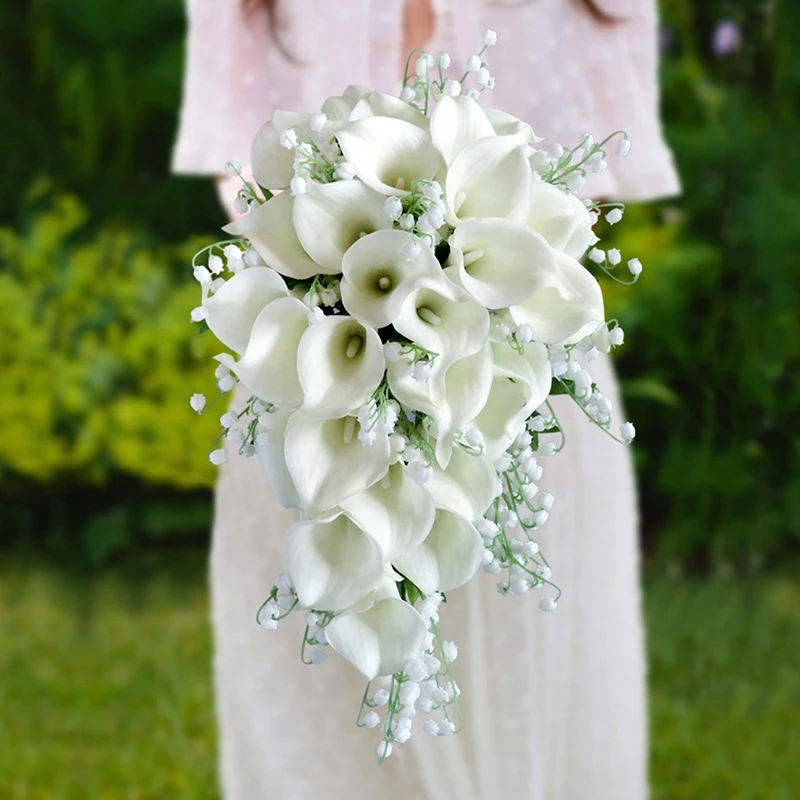 Wedding Flowers Collection Fake Calla Lily Lilies of the Valley Cascading Bridal Bouquet Waterfall Style Flores Para Casamento