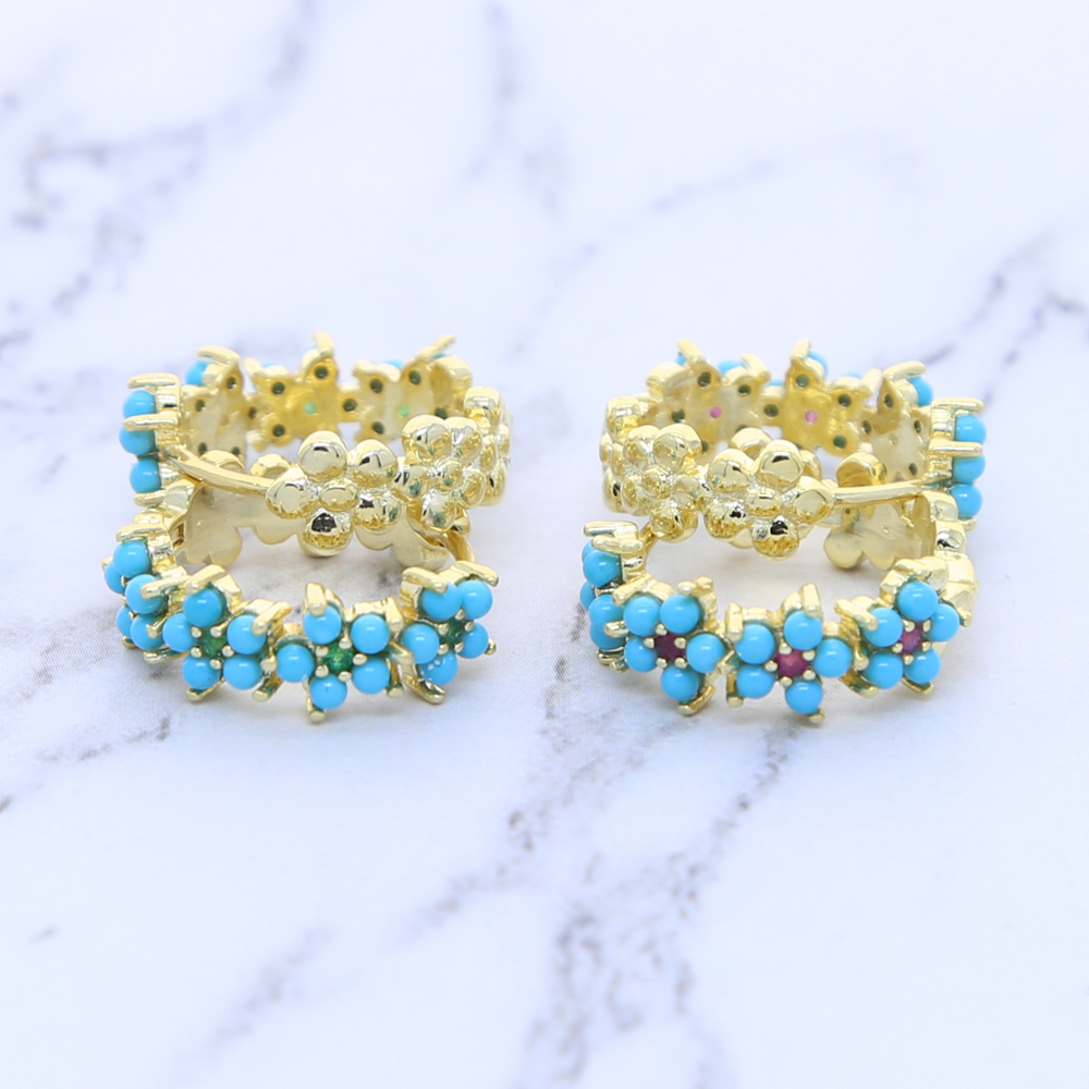 2021 Spring New Fashion Women Jewelry Gold Color Prong Set Blue Turquoises Stone Flower Hoop Earring