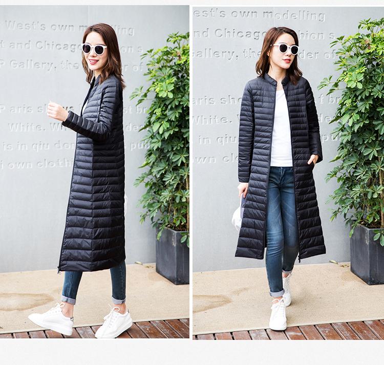 Woman's Ultra Light Down Jackets Stand Collar Slim Knee Length 90% White Duck Down Coats Women Parkas Lady Overcoats JK-7911