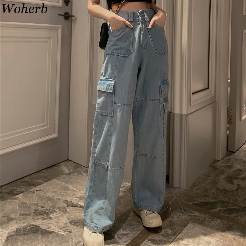 Woherb Vintage Wide Leg Woman Jeans High Waisted Jeans Blue Casual Long Trousers Korean Streetwear Pockets Denim Pants 25636 201109