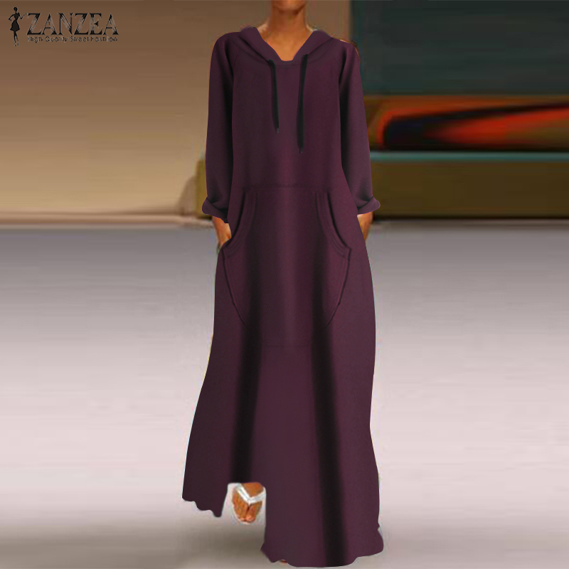 Women's Autumn Hooded Maxi Dress ZANZEA Vintage Long Sleeve Hoodies Sweatshirts Casual Female Sundress Plus Size Vestidos T200416