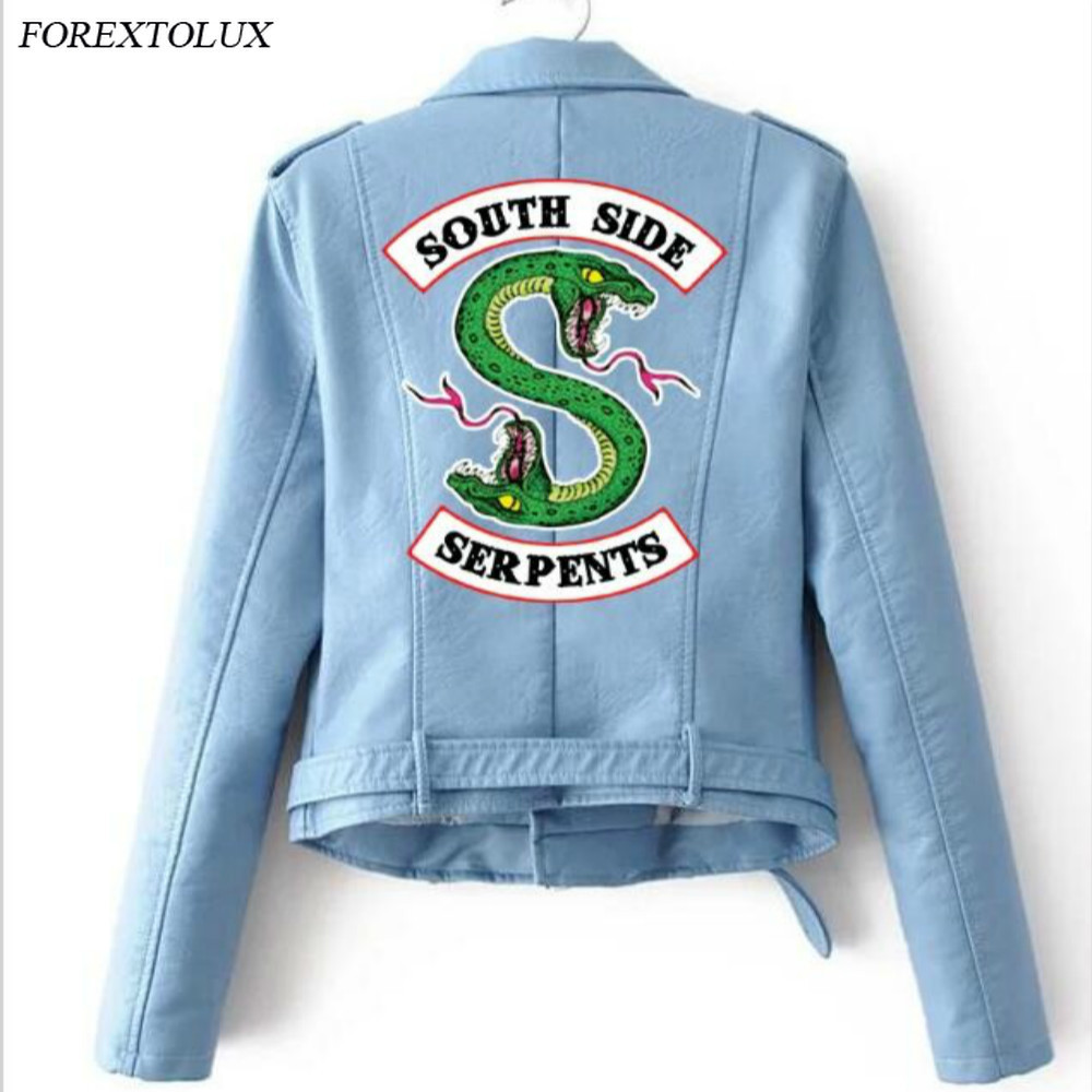 Riverdale Women PU Zipper Belt Jacket Fashion America Kpop Motorcycle Crop Tops Southside Serpents Artificial Leather Coat Red 201029