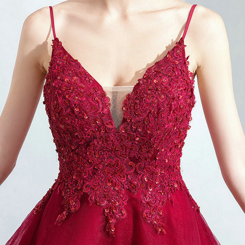 Lamya Lace Appliques High Low Evening Party Dresses V Neck Spaghetti Strap vestido de festa Short Front Long Back Fromal Gown 201114