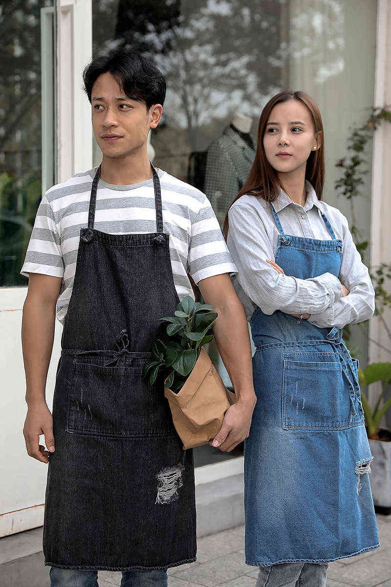 Unisex Vintage Blue Kitchen Denim Aprons for Women Men Restaurant Homewear Workwear Apron Cooking Chef Barista Bartender 211222