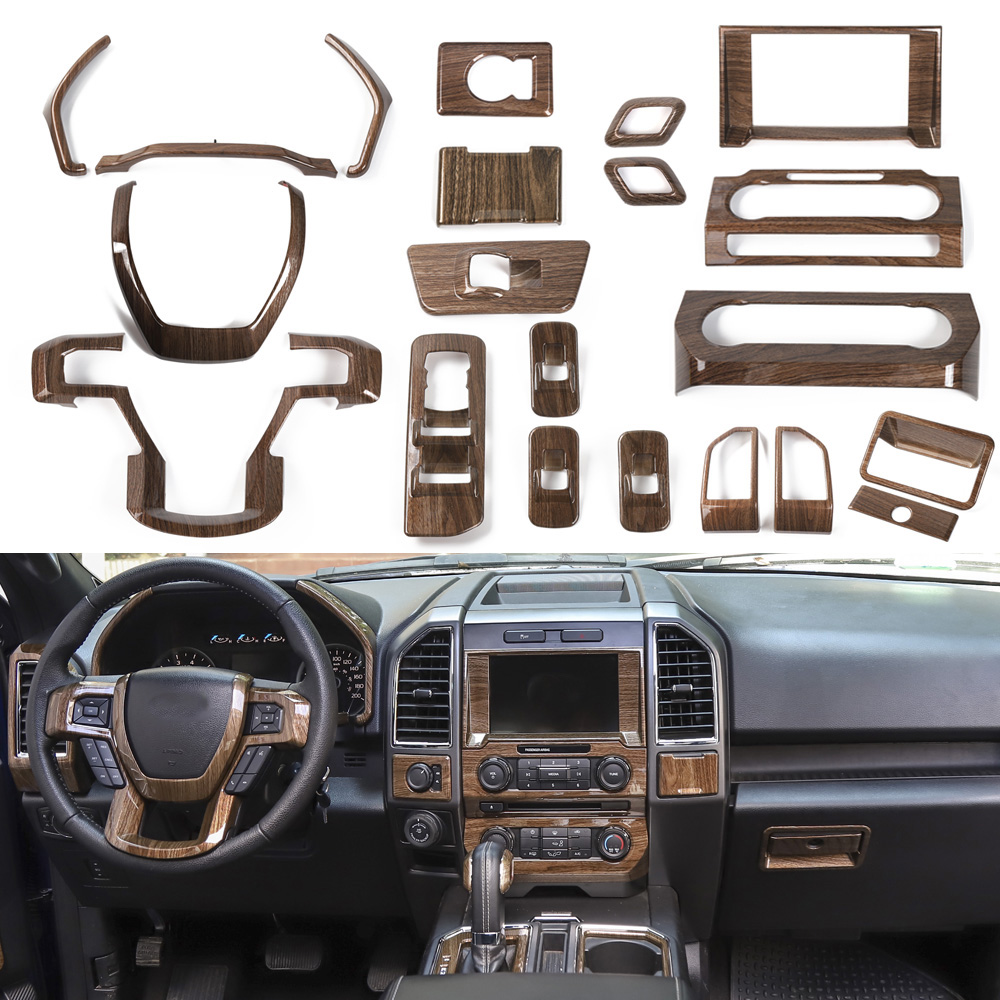 18PCS Wood Carbon Fiber Interior Decoration Accessories Cover Trim For Ford F150 2015+ Car Interior Suite Accessories